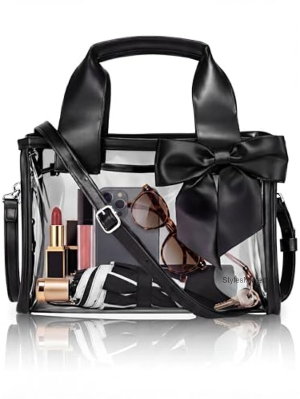 Clear Stadium Approved Tote Handbag with Bow Detachable Crossbody Strap
